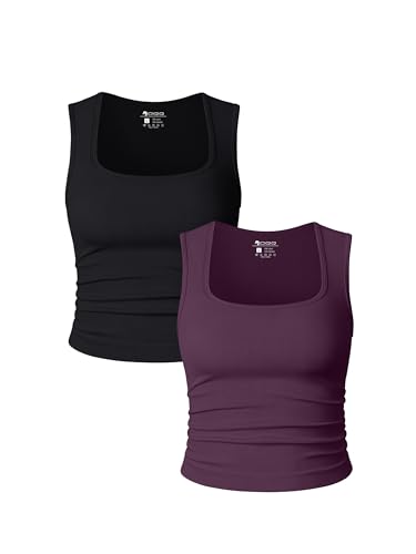 Image of OQQ Womens 2 Piece Crop Tops Rueched Sleeveless Square Neck Stretch Basic Tank Shirts