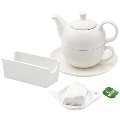 LEONARDO LUXURY HOME DESIGN Kit 3 Pezzi Porcellana Bianca Tazza Teiera Egoist 400 ml Porta Bustine Esaurite The Servizio Elegante Idea Regalo (Tazza+Porta Bustine+Porta Bustine Esaurite)