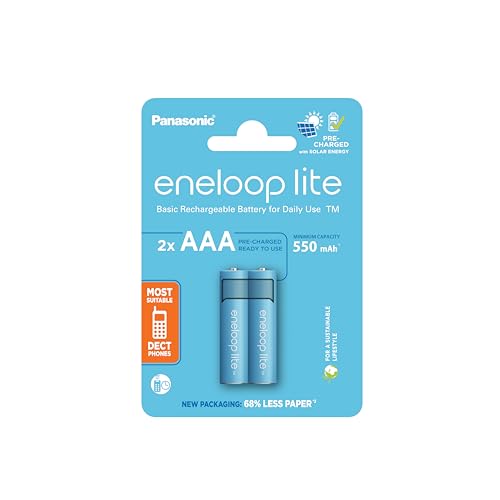 eneloop lite, AAA/Micro NI-MH Akku, 2er-Pack, Kapazität mit min. 550 mAh, Ready-to-Use NI-MH Akkus, bis zu 3000 Mal wiederaufladbar, plastikfreier Verpackung, lite, blau