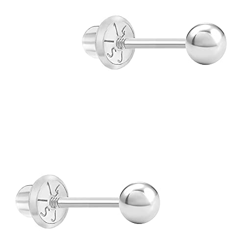 14K White Gold 3Mm Polish Plain Tiny Ball Screw Back Baby Earrings For Children, Small Stud Earrings For Babies, Infants & Toddlers- Safety Screw Back Locking For Kids, Small Circle Studs #TOP1