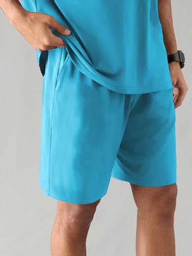 Image of Maniac || Mens || Solid Round Neck Half Sleeve Blue Tshirt and Blue Short Cotton Slim Fit Tracksuit