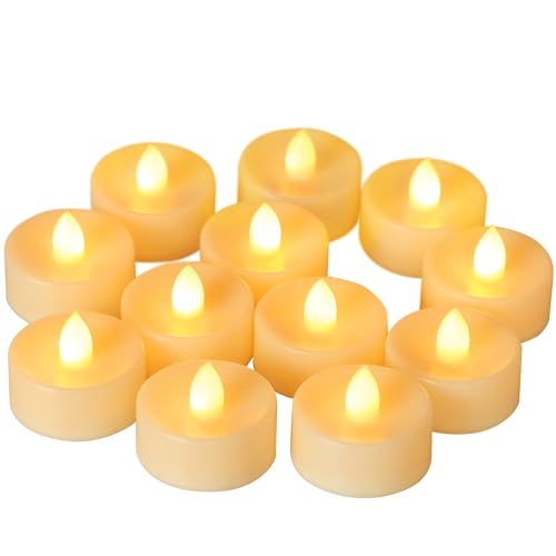 Image of CANDLE CHOICE Battery Operated Flameless Tea Lights Bright Flickering LED Tealight Candles for Wedding Table Centerpieces Halloween Thanksgiving Christmas Decoration Batteries Incl Amber Light 12 Pack