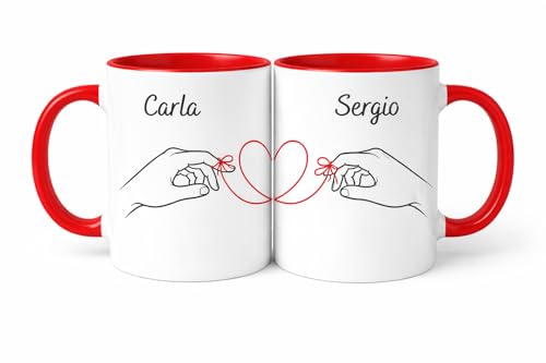 C&P Juego de 2 tazas personalizadas “Hilo Rojo del Destino” con nombres – Tazas pareja románticas – Regalo para novios, aniversario, San Valentín – Cerámica blanca con interior rojo