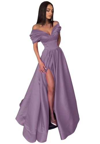 Image of Pleated Off The Shoulder Satin Prom Dresses for Women, Formal Evening Gowns Cocktail Party Dresses with Slit&Pockets