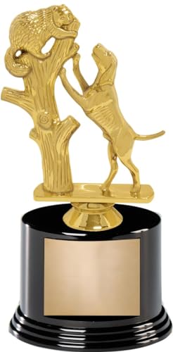 Dog Trophy, 7" Dog Coon Hound In Tree Trophy On Black Round Base