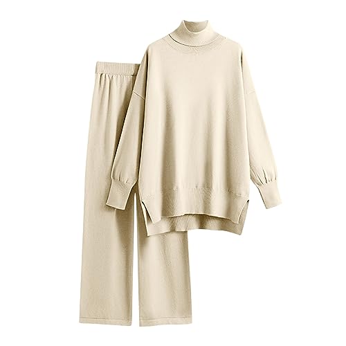 Image of AMhomely Women's Two Piece Outfits Knit Pullover Sweater Tops & Wide leg Pants Lounge Matching Sweatsuit Tracksuits Sets,T79- Beige,One Size