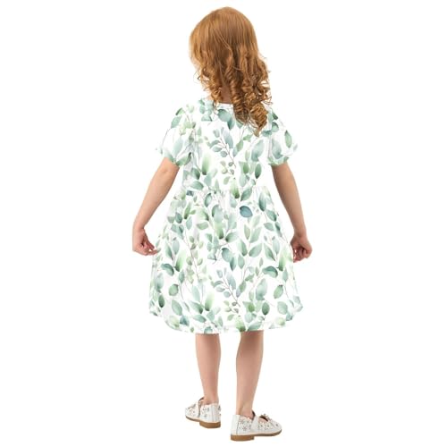Emelivor Eucalyptus Green Leaves Watercolor Girls Dresses Short Sleeve Twirly Sundress3