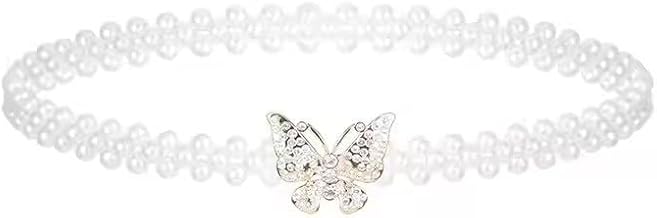 BKQPTL Butterfly Elastic Pearl Waist Belt, White Pearl Belt for Women's Luxury Dress, Elegant Waist Cinching, Women Belt for Girls Party Wedding, Belly Chain Kamarband for Ladies Saree - Free Size