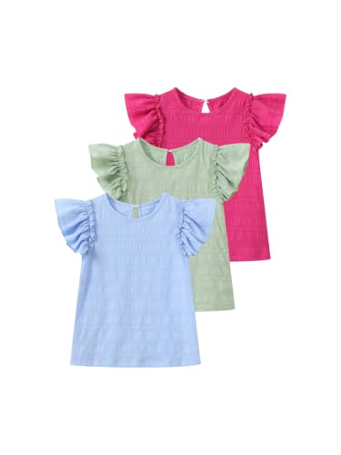 Image of Girls 4 Packs Tees Ruffle Short Sleeve T-Shirt Ribbed Knit Casual Summer Tunic Tops 4-12 Years