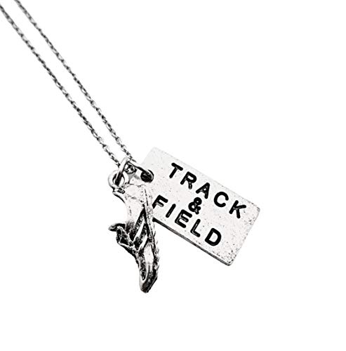 Pewter Track and Field Dog Tag Style Necklace - Pewter Running Shoe Charm and Pewter Track and Field Pendant on 18 inch Stainless Steel Cable Chain - All Pewter