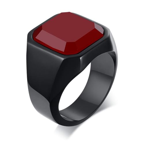 Hokech Anillo de sello de cornalina cuadrado vintage para hombre en rojo Nature Stone Statement Anillo de acero inoxidable negro para hombre