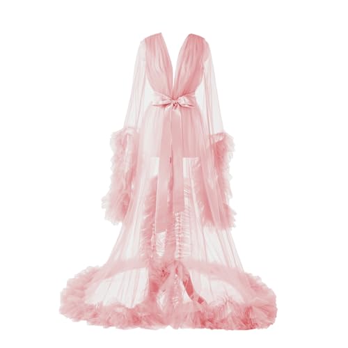 Sexy Tulle Bathrobe for Women Wedding Scarf Illusion Lingerie Long Maternity Photoshoot Nightgown Pink Wedding Robe