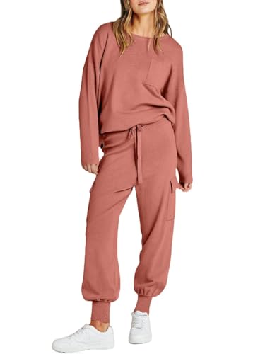 Conjunto Deportivo de Dos Piezas para Mujer, Camiseta de Manga Larga y pantalón Largo, Color Naranja, XXL