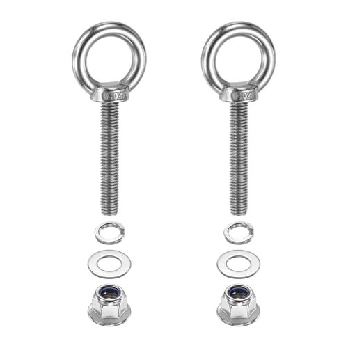 Image of PATIKIL M10 x 60mm Shoulder Eye Bolt, 2 Pcs 304 Stainless Steel Lifting Ring Threaded Eye Bolt with Flange Lock Nuts Spring and Flat Washers for Hanging Tie Down Straps Outdoor Indoor