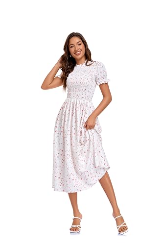 Image of RIHOAS Plaid Gingham Midi Dress Short Sleeve Smocked Dresses for Women | Cotton,Ruffle Puff Sleeves,Vintage Brown,Spring Summer Casual Daily,Picnic,Travel,Vacation,Christmas Festive Occasions