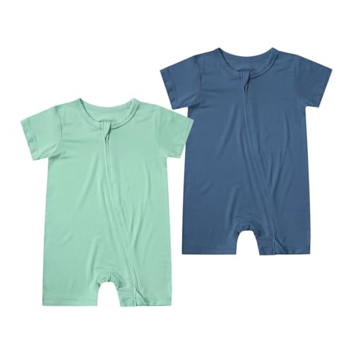 Image of Teach Leanbh Unisex Baby 2 Pack Bamboo Viscose Pajamas Short Sleeve 2 Way Zipper Romper Jumpsuit Sleep and Play