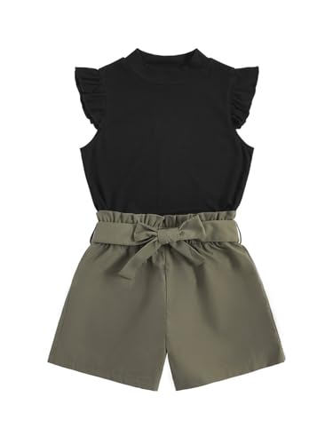 How to Style Spring School Outfits for Girls: 57 Best Spring School Outfits for Girls 2 Floerns Girls 2 Piece Outfit Ruffle Trim Tee Top with Paperbag Wa...