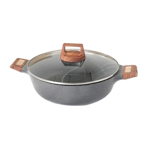 Olla de doble asa con partición. Olla de doble asa con partición. Dos ollas en la mesa pueden disfrutar de 2 sabores al mismo tiempo. Mango de madera, tapa de vidrio IH, adecuado para estufa de gas