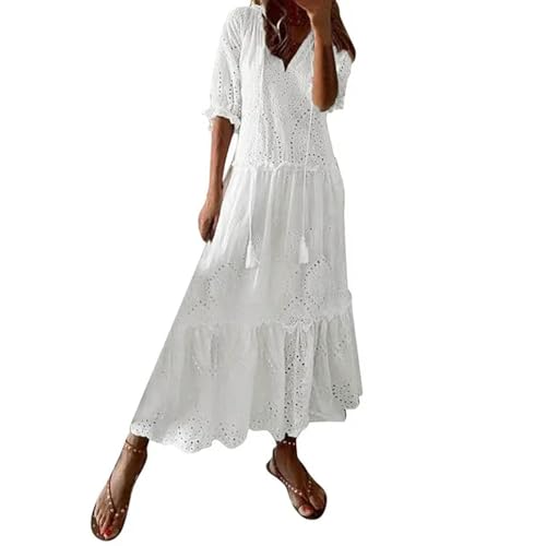 Robe d'été Blanche en Pur Coton pour Femmes, Tenue décontractée Creuse au Crochet, Ample, Longue de Plage, Grande Taille, Robe de Vacances à Volants-Blanc-XXL