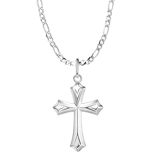 FANCIME Gold Plated 925 Sterling Silver Simple Large Gothic Polished Cross Pendant Necklace with 4MM Heavy Duty Figaro Solid Curb Chain Gifts for Him Men Boys Dad, 24-INCH 60CM Length