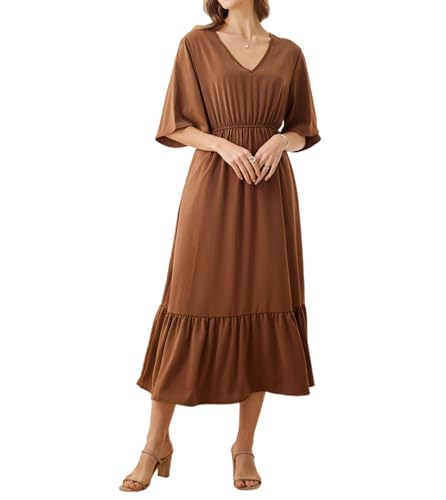 Image of Women's Summer Short Sleeve Maxi Floral Flowy Dresses with Pockets
