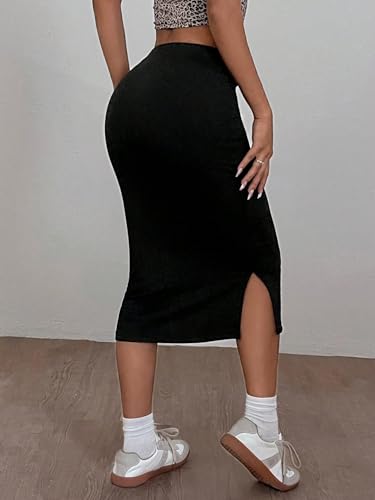 EARKOHA 2025 Skirts for Women High Stretch & Cool-Fabric Solid Split Side Drawstring Waist Skirt Black L2