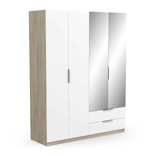 Armoire Dressing avec Miroirs & Penderie Moderne 4 Portes 5 Etagères 2 Tiroirs – Coloris Chêne...