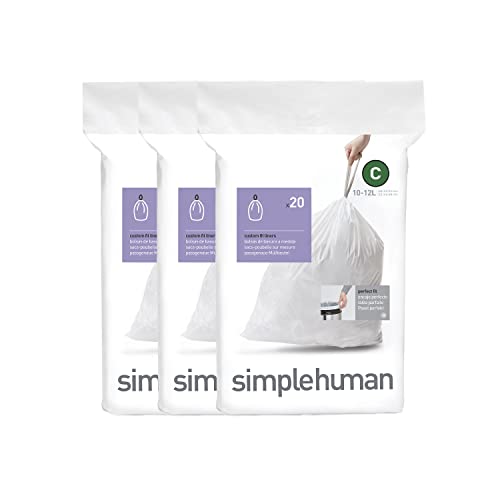 simplehuman Code C 60 Count Custom Fit Liners Drawstring Kitchen Trash Bags One-by-One Mess-Free Dispense Extra Thick & Double Seamed 50% PCR Plastic 10-12 Liter / 2.6-3.2 Gallon White
