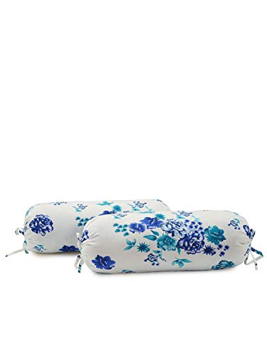 Image of Swayam Set of 2 Pure Cotton Bolster Cover | 30x30 Inch | Soft Breathable Masnad Cover 160TC | Durable & Washable | Floral Print Bolster Cover for Diwan, Bed & Sofa - Blue & White