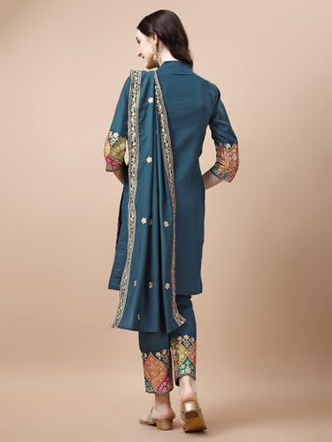 Image of Granthva Fab Women's Chanderi Silk Embroidered Straight Kurta with Palazzos and Dupatta