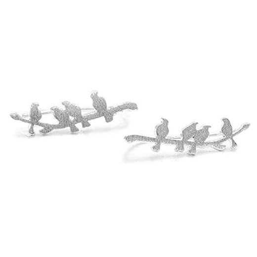 Bird Ear Cuff Wrap Crawler Climber Earrings for Women Girls S925 Sterling Silver Brushed Little Birds Stand on Tree Branch Stud Clip on Post Pin Earrings Delicate Lightweight Jewelry (Silver)