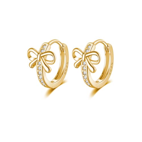 Reffeer Solid 925 Sterling Silver CZ Bow Hoop Earrings Ribbon for Women Teen Girls Bowknot Hoop Earrings Huggie