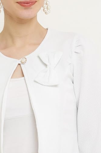 Image of Women's White Cropped Blazer with Bow Detail, Open Front, 3 /4 Sleeves, Textured Fabric