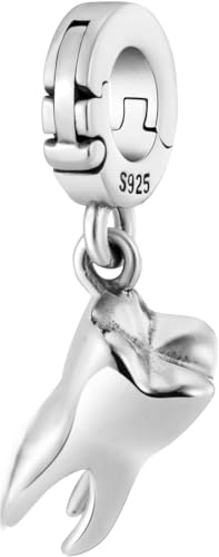 Bolenvi Dangling Tooth Molar Dentist Clip On Open Dangle Pendant, 925 Sterling Silver Charms, Compatible with Pandora & Other Charm Bracelets & Necklaces DIY Jewelry