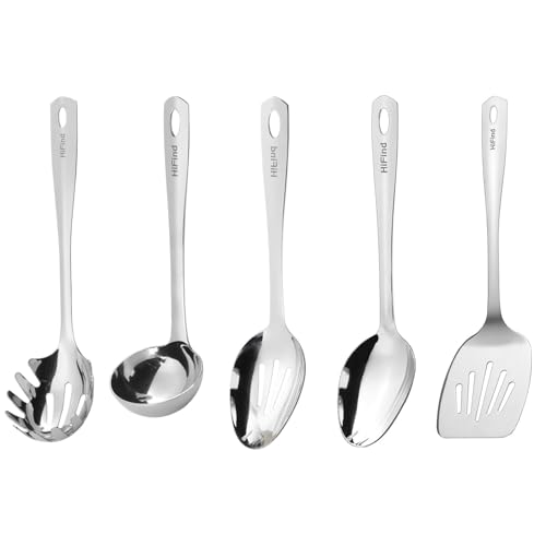 HIFIND Stainless Steel Cooking Utensils Set, 5PCS Kitchen Utensils Set, Durable Kitchen Gadgets, Ladle, Slotted Turner, Slotted Serving Spoon, Solid Serving Spoon, Pasta Fork