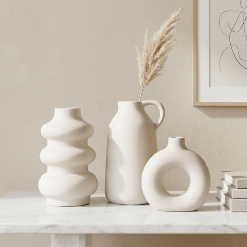 Image of Luxury Modern Ceramic Vase Set of 3 | Nordic Minimalist Donut, Jug & Sculptural Design Decorative Flower Vases | Matte White Donut & Sculptural Home Decor for Living Room & Table Styling