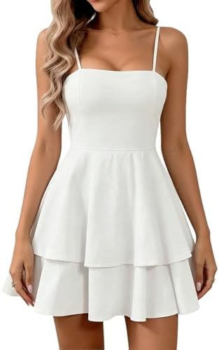 Women’s Sleeveless Spaghetti Strap Layered Ruffle Mini Dress Squa...