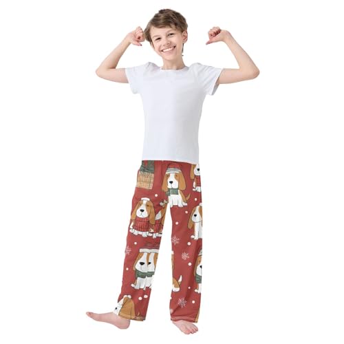 Beagle Xmas Snowflake Boys Long Pants Soft Trousers Elastic Waist Kids Lounge Bottoms with Pockets S-XL3