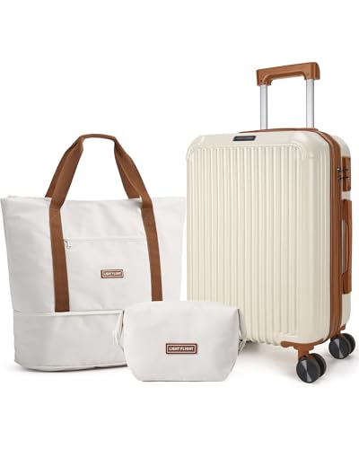 LIGHT FLIGHT 3-Piece Luggage Sets, Expandable Carry On Luggage 22x14x9 Airline Approved, Hardside Carry On Suitcases with Wheels, TSA Lock Travel Luggage Sets, Beige and Brown