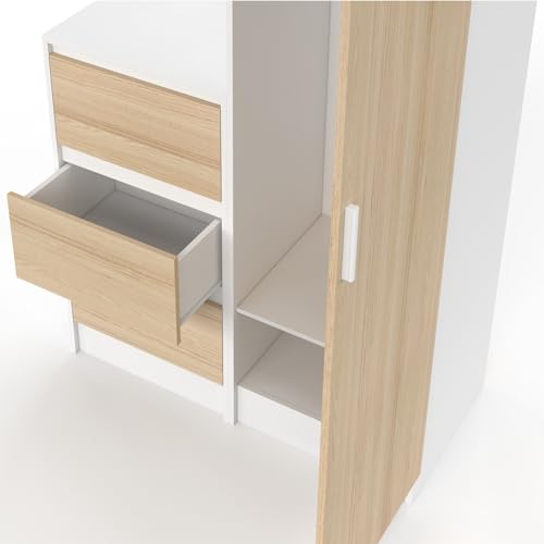Armoire 1 porte AMBRE penderie avec commode 3 tiroirs 100 cm modulable façon hêtre et - vue 7