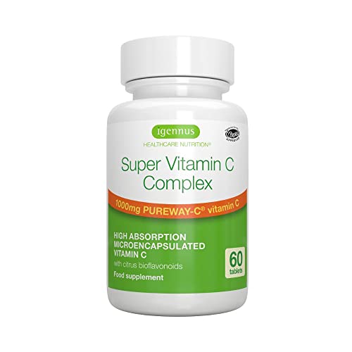 Super Vitamin C Complex, Vitamina C 1000mg, Pureway-C con bioflavonoides cítricos, acción sostenida de 24 horas, vegano, 60 comprimidos