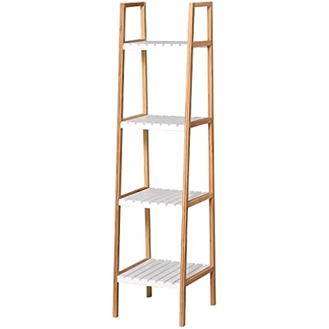 kleankin Estantería Escalera de Bambú de 4 Niveles Mueble de Almacenaje Multifuncional Blanco y Natural Cover
