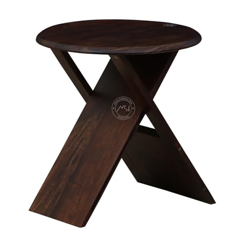 Image of NSH Luxury Sheesham Wood Cross Leg Coffee Side Table | Stool for Living Room, Bedroom or Dining Room | Multipurpose Side End Table | Walnut Finish, 1 Wooden Side End Stool