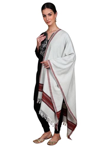 Women Wool Stole with Kinnauri Border | Traditional Kullu Soft Warm Shawl, Scarf | Size - 80 Inch X 29 Inch
