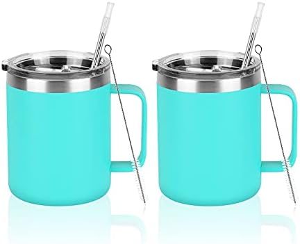 2 Pack Stainless Steel Coffee Mugs with Handle, 12Oz Insulated Coffee Mug, Double Wall Vacuum Insulated Camping Mug with Lid, Thermal Coffee Mug for Coffee, Tea, Hot and Cold Drinks (Aqua Blue)…