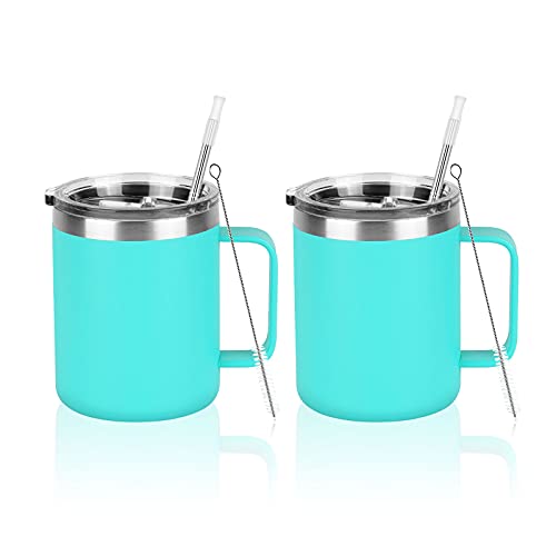 2 Pack Stainless Steel Coffee Mugs With Handle, 12Oz Insulated Coffee Mug, Double Wall Vacuum Insulated Camping Mug With Lid, Thermal Coffee Mug For Coffee, Tea, Hot And Cold Drinks (Aqua Blue)… #TOP6