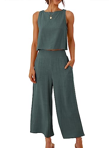 Image of ANRABESS Women's Summer 2 Piece Outfits Sleeveless Tank Crop Button Back Top Cropped Wide Leg Pants Set Pockets