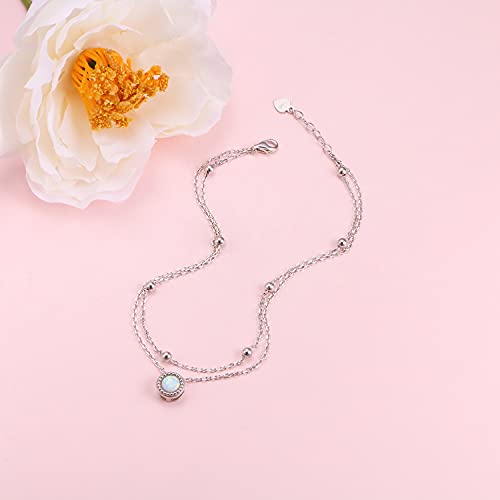 Anklets For Women 925 Sterling Silver Charm Layered Simulated Opal Summer Beach Ankle Bracelet Foot Chain Mother's Day Gift #TOP2