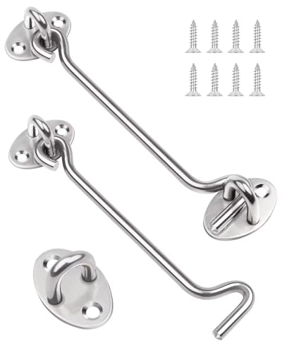 Leryati 6 Inch Hook and Eye Latch, 2Pcs 150mm Silver Gate Hook Stainless Steel Cabin Hooks, Eye Latch Door Lock Hooks Lock