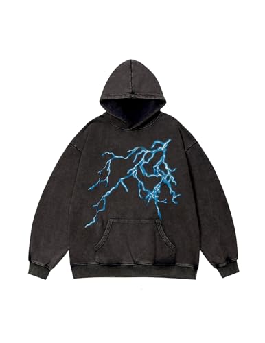 Vamtac Lightning Graphic Hoodies for Men Oversized Unisex Wash Hoodie Y2k Vintage Pullover Hooded Sweatshirt